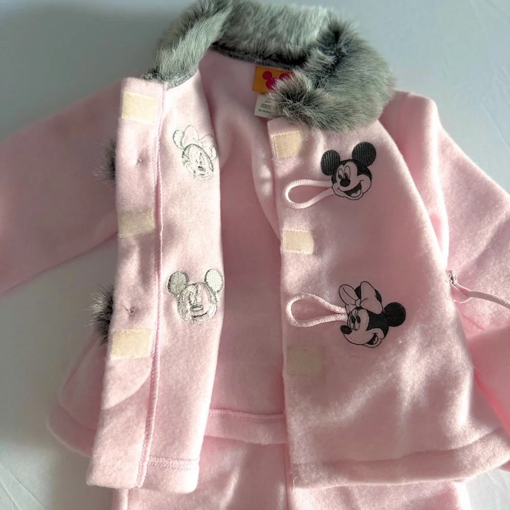 Vintage Y2K‎ Disney Baby Mickey Minnie Pink Fleece Set Faux Fur Coat Pants 12M